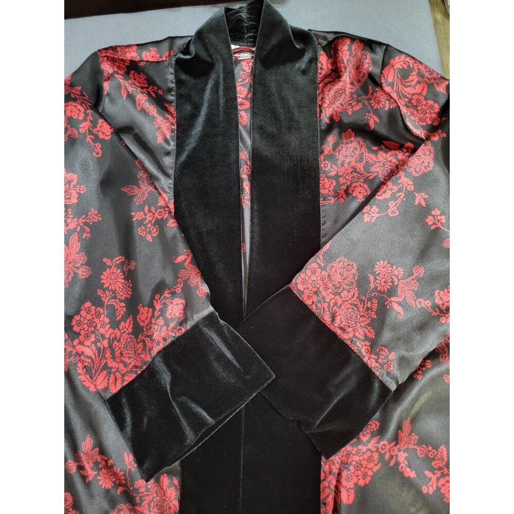 Morgan Taylor Intimates S/M Floral Satin Velvet Trim Robe Sexy Black Red Goth
